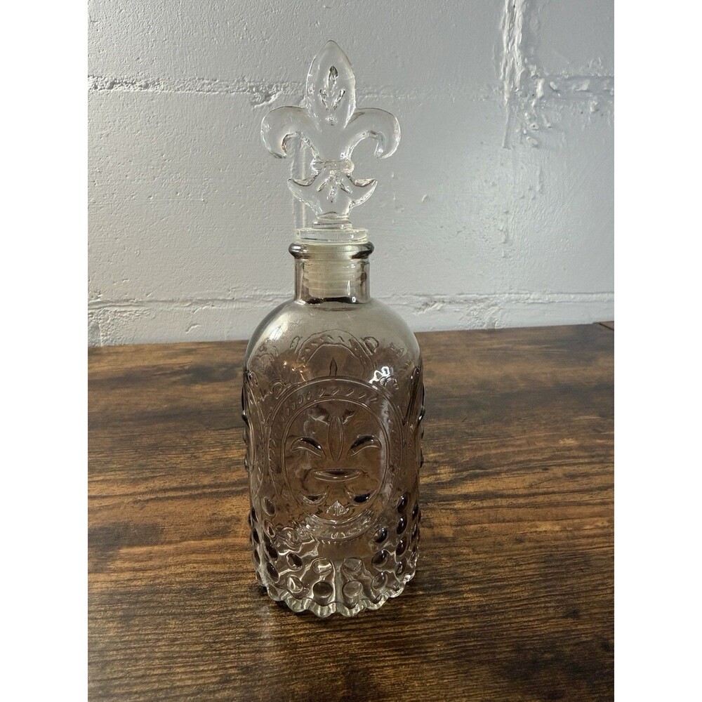 Fleur De Lis Glass Decanter Bottle w/ Stopper Smoky Gray Decorative Bar Decor